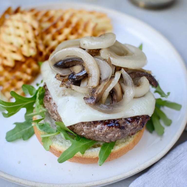 Sizzling beef patty and sautéed mushrooms atop a Mushroom Swiss Burger, plated with waffle fries.