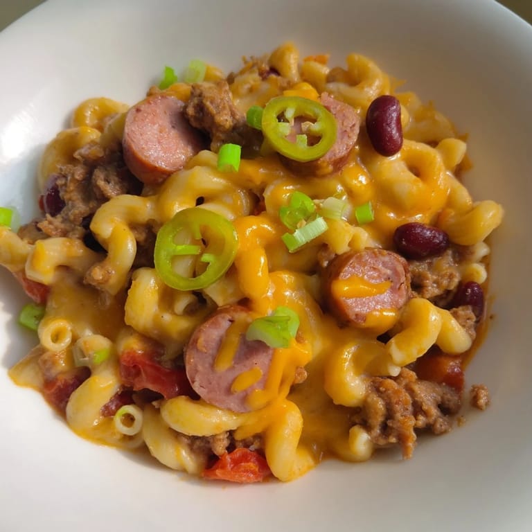 Sizzling hot Chili Cheese Dog Mac & Cheese, ready to serve with sliced green onions and jalapeños.