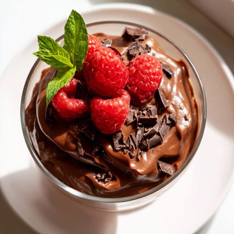 This gorgeous Avocado Chocolate Mousse shows a dairy-free treat with fresh raspberries, ready to enjoy.