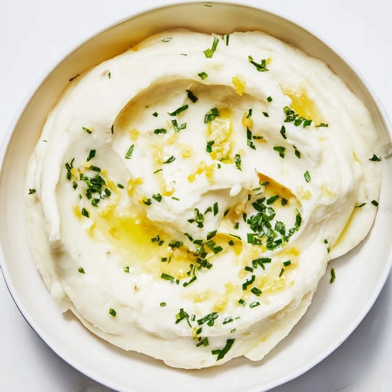 Fluffy cauliflower mash, a vibrant and comforting side dish, infused with fresh herbs and garlic.