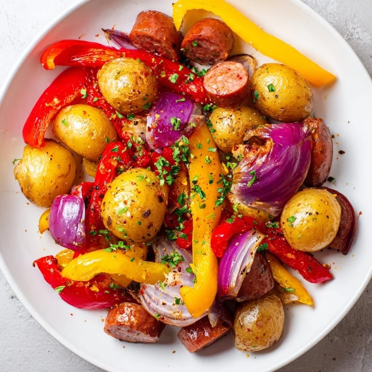 Vibrant image of Sheet-Pan Sausage with Peppers, potatoes, and onions, perfect for a gluten-free dinner.