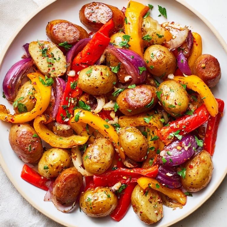 Golden-brown Sheet-Pan Sausage with Peppers, Onions, and Potatoes, fresh from the oven, a complete meal.