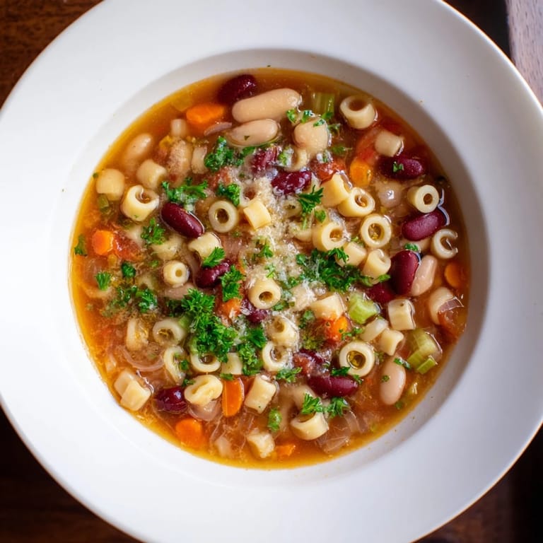 Ladle scooping a serving of Pasta e Fagioli, a rustic Italian soup with vegetables and pasta.