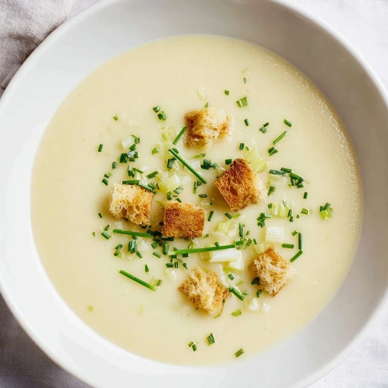 Golden-yellow potato leek soup, smooth and rich, perfect for a cozy, comforting lunch.