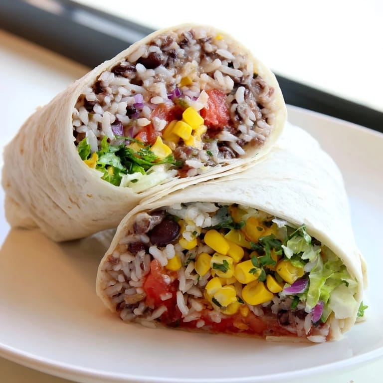 A close-up of a flavorful Rice & Bean Burrito, showcasing layers of fresh vegetables and salsa inside.