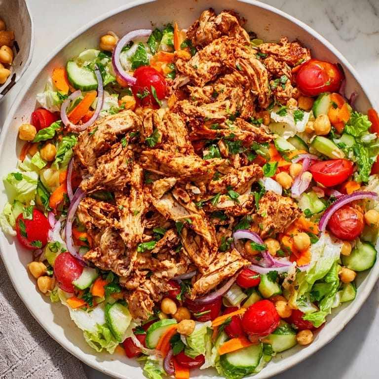Freshly tossed Chicken Salad featuring roasted chicken thighs and a mix of crisp, colorful vegetables.