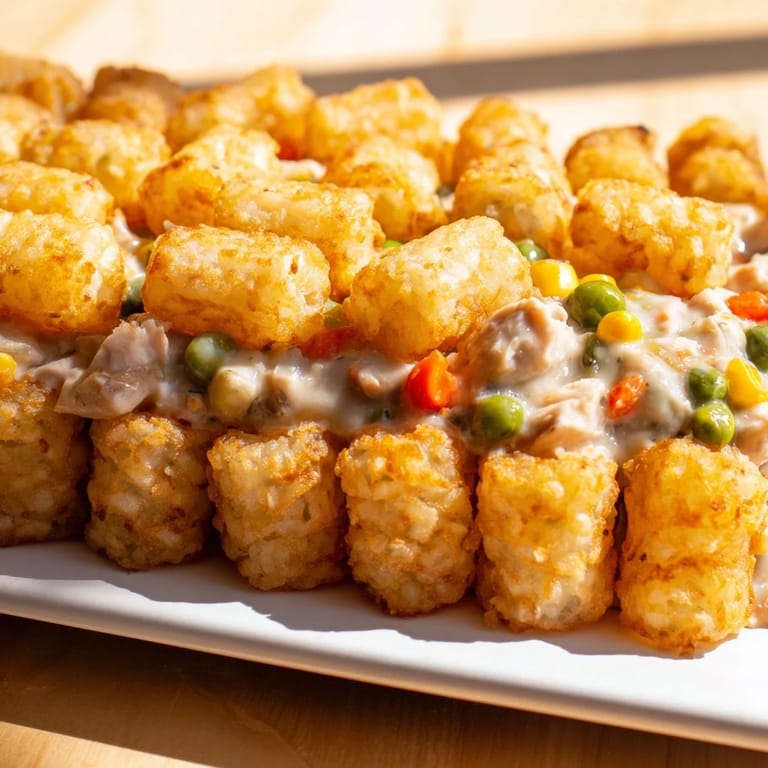 Crispy tater tots and tender chicken in a delicious Tater Tot Chicken Pot Pie, a hearty American classic.