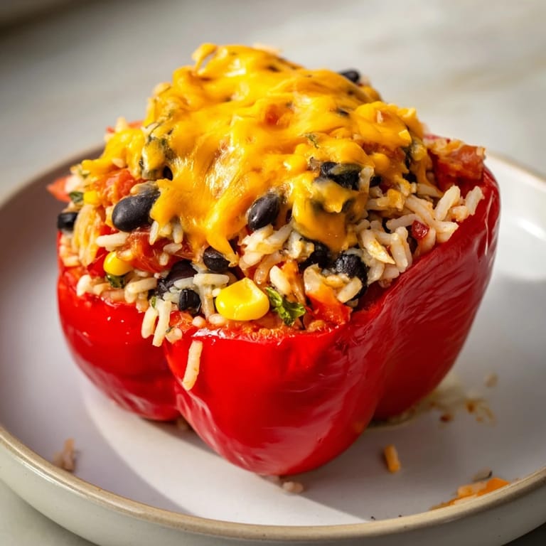 A close-up of colorful Stuffed Bell Peppers revealing a flavorful rice and bean filling, mouthwatering.