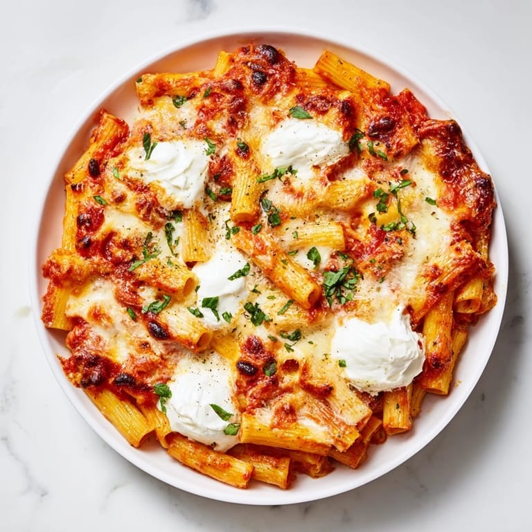 Delicious, cheesy baked ziti fresh from the oven, featuring a rich tomato sauce and comforting flavors.