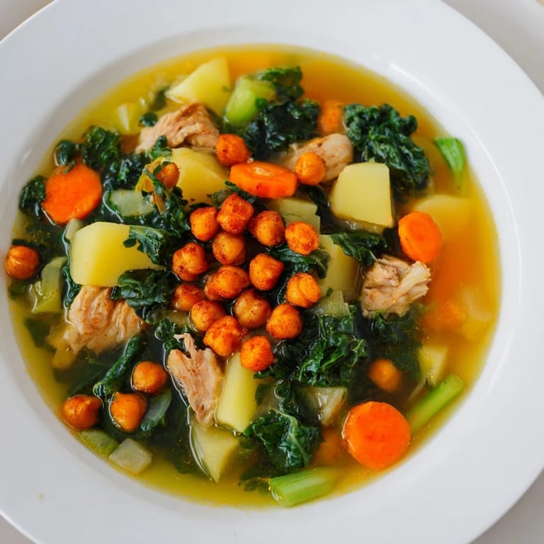 Photo of golden-brown crispy chickpeas topping a bowl of savory Chicken Kale Soup.