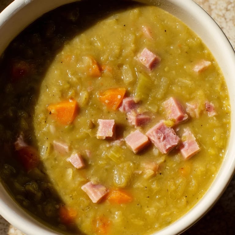 Ladle scooping a rich and smoky Hearty Split Pea and Ham Soup, with visible vegetables and ham.