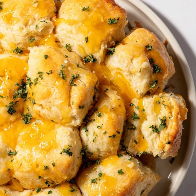 A close-up of cheesy, savory Mini Cheddar Bay Biscuit Pull-Aparts brushed with garlic butter and parsley.