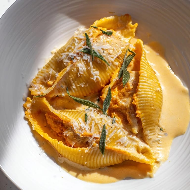 A close-up of Pumpkin & Gouda Stuffed Shells, highlighting the creamy filling and golden Alfredo drizzle, perfect for dinner.