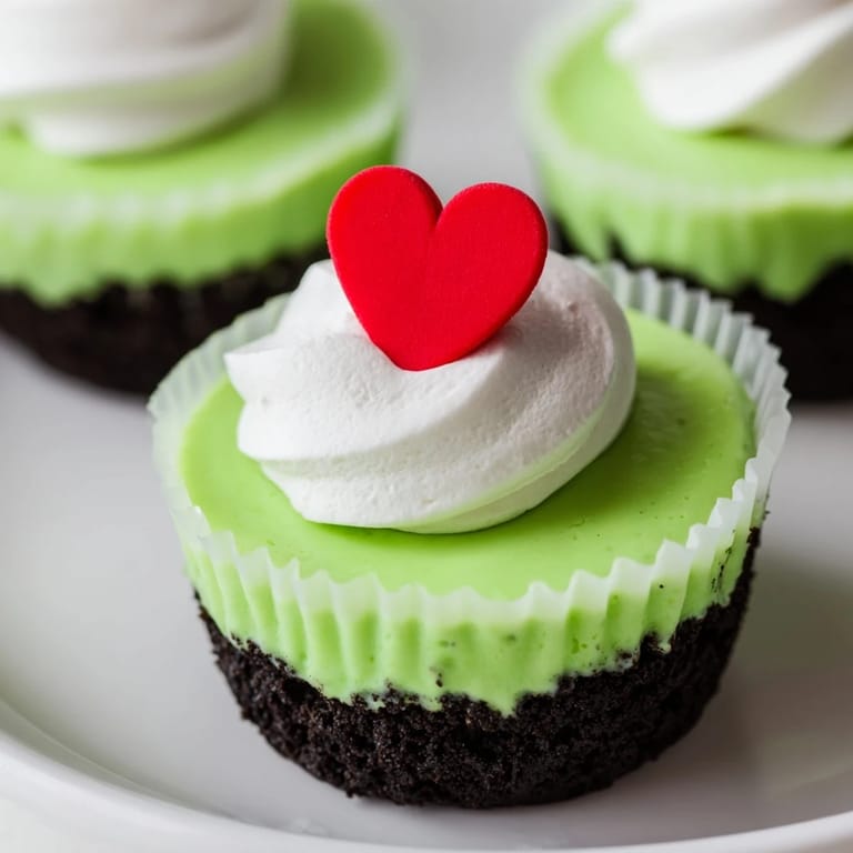 Vibrant neon green Grinch Mini Cheesecakes, ready to serve, offer a delightful combination of sweet and creamy textures.