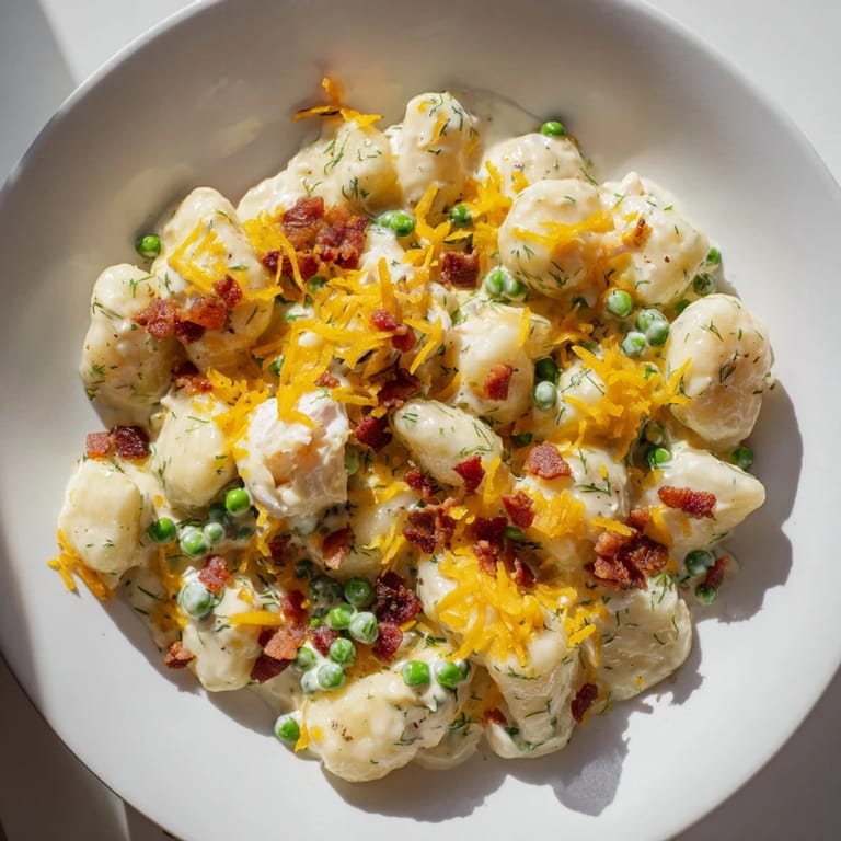 This photo shows Creamy Crack Chicken Gnocchi: golden chicken, pillowy gnocchi swimming in a creamy sauce.