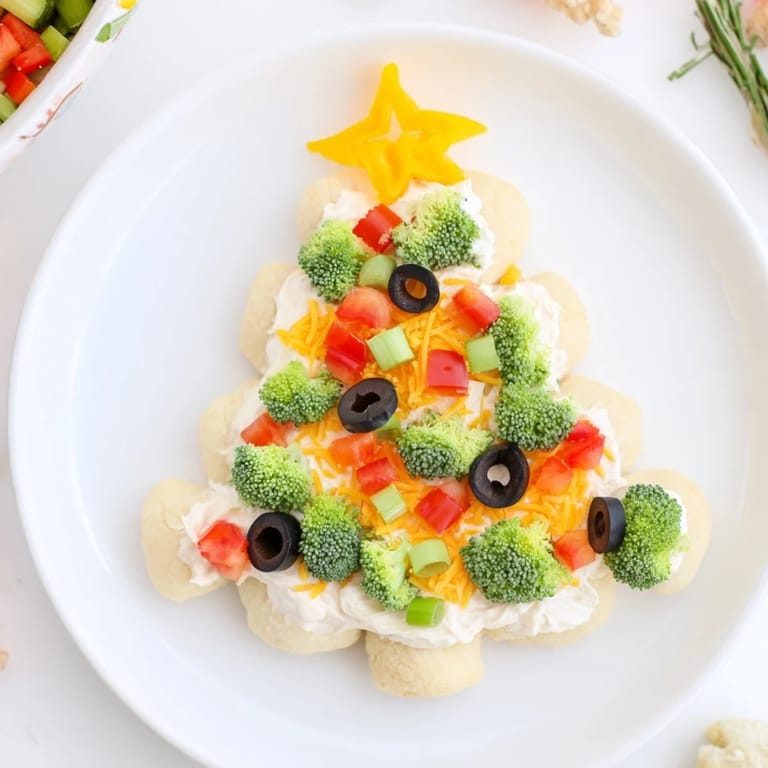 Savory Easy Christmas Tree Veggie Pizza appetizer, featuring a carrot garland and bell pepper star, visually delicious.