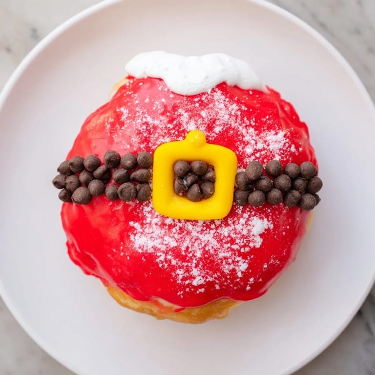 Golden-brown Santa Belly Donuts showcase a bright red glaze and chocolate belt details, perfect for gifting.