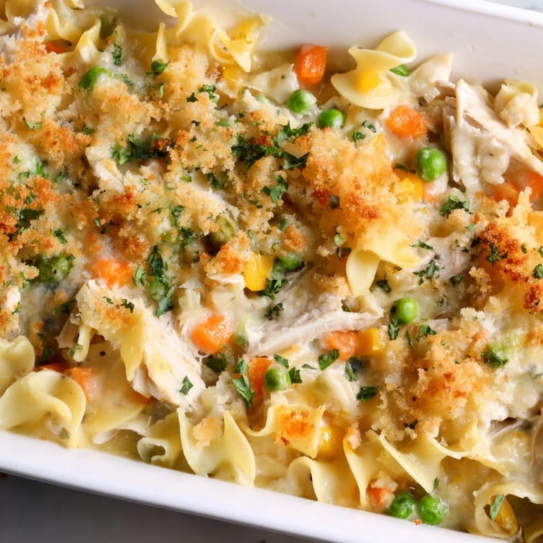 Family-friendly Baked Cream of Chicken Noodle Soup Pasta, filled with chicken, vegetables, and cheesy goodness.