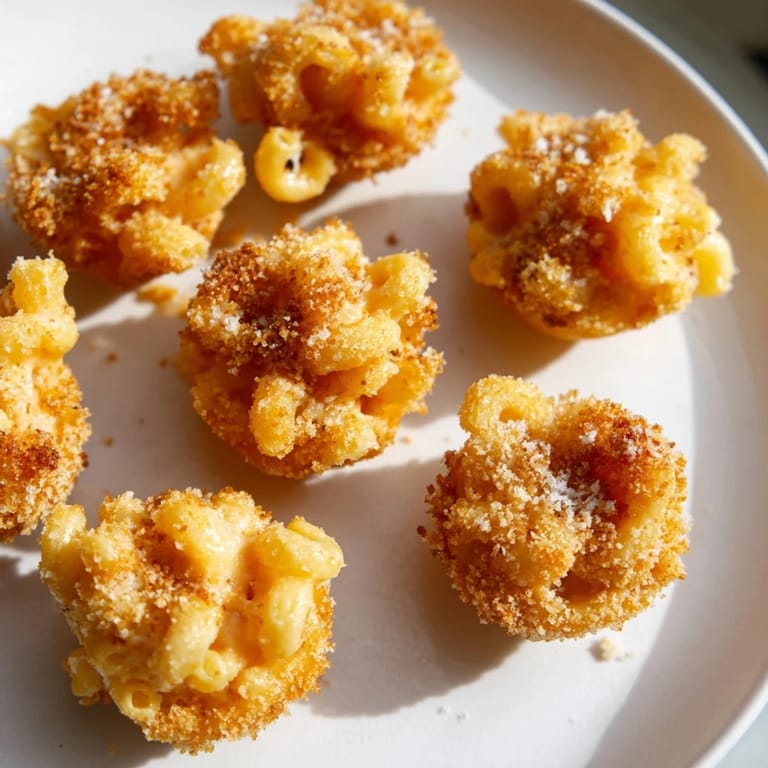 Crispy-coated ditalini mac and cheese bites, ready to eat, promising a delicious cheesy experience.