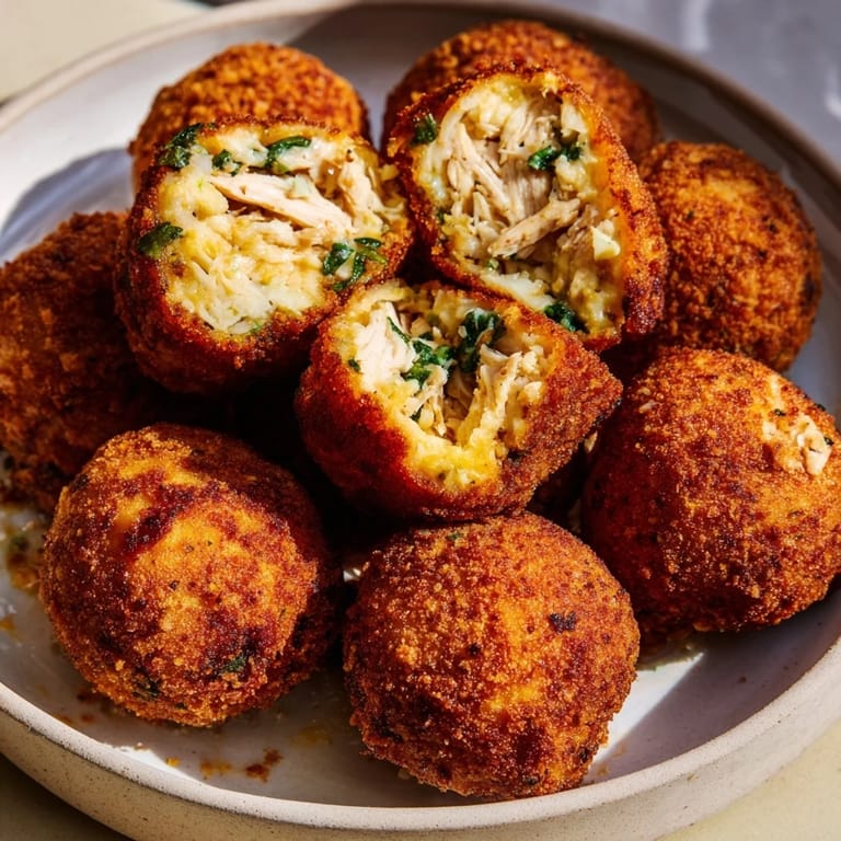 Close-up of crispy, fried Creamy Chicken & Rice Arancini Balls glistening, with a tantalizing texture.