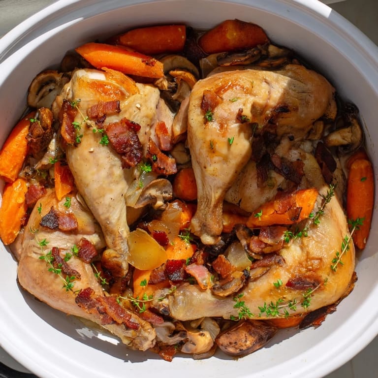 Tender Instant Pot Coq au Vin Style Chicken Thighs with visible mushrooms and carrots, ready to serve.