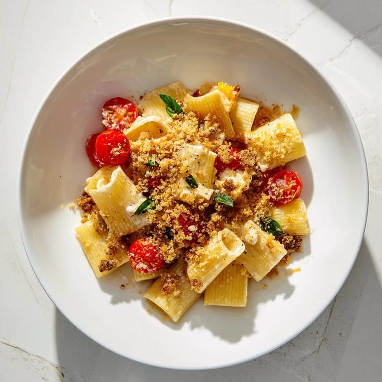 A beautiful, close-up view of the flavorful Baked Goat Cheese Snowflake Tomato Basil Pasta, fresh from the oven.