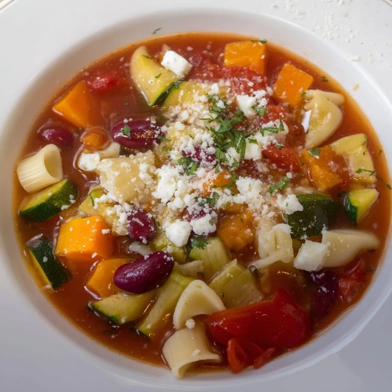 A close-up view of the Veggie-Packed Minestrone Christmas Pasta Pot, filled with flavorful pasta and beans.