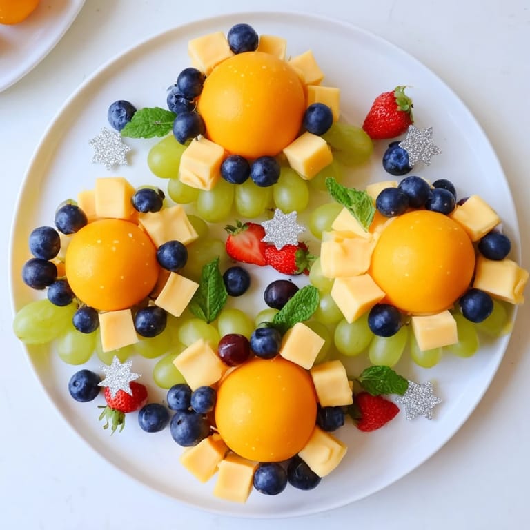A visually stunning Comet & Planet Grazing Tray with gouda planets, sweet fruit stars, and savory crackers.