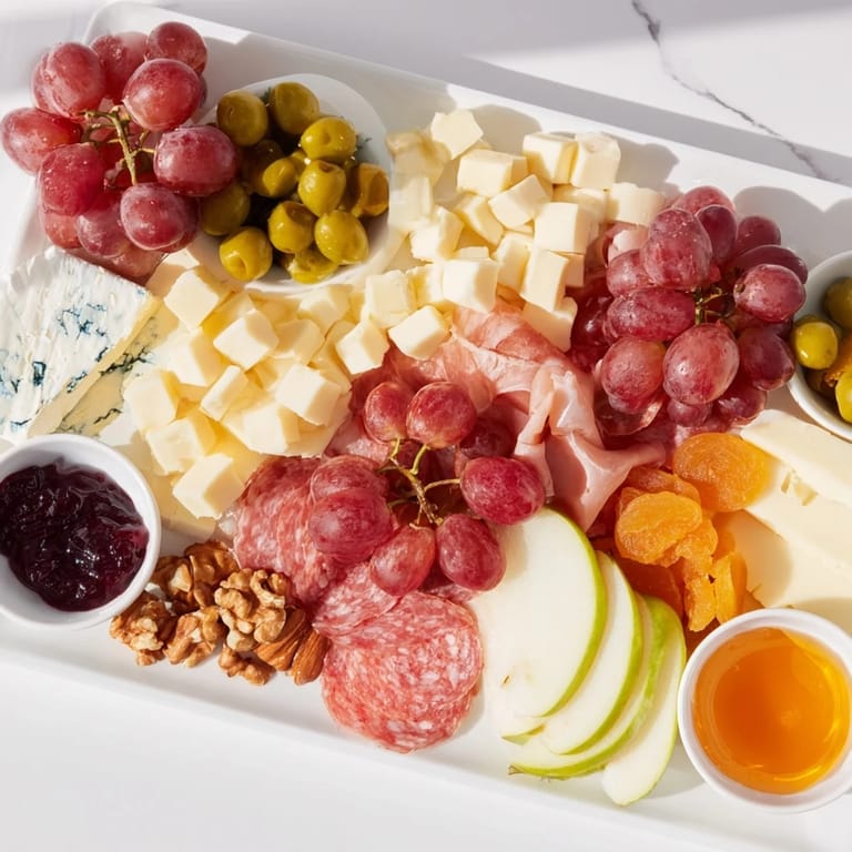 This inviting Moonlight Picnic Board features a delicious spread, perfect for a romantic al fresco dinner.