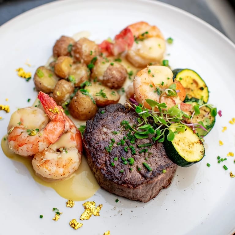 The Golden Heart Luxury Platter exudes elegance, showcasing perfectly seared seafood and tender, juicy steaks drizzled with sauce.