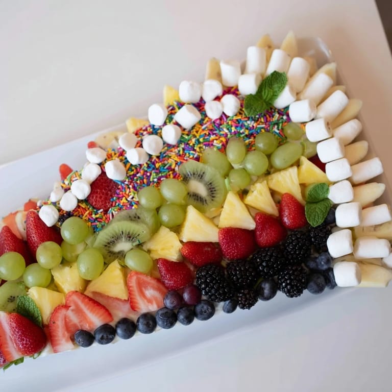 Vibrant Happy Birthday Cake Slice Fruit Board featuring juicy strawberries, kiwi, and sweet blueberries.