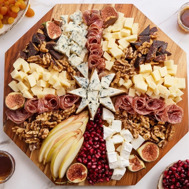 Festive Éclat d’Étoiles Planche de Noël features a beautiful arrangement of cheeses, meats, and colorful fruits for gatherings.