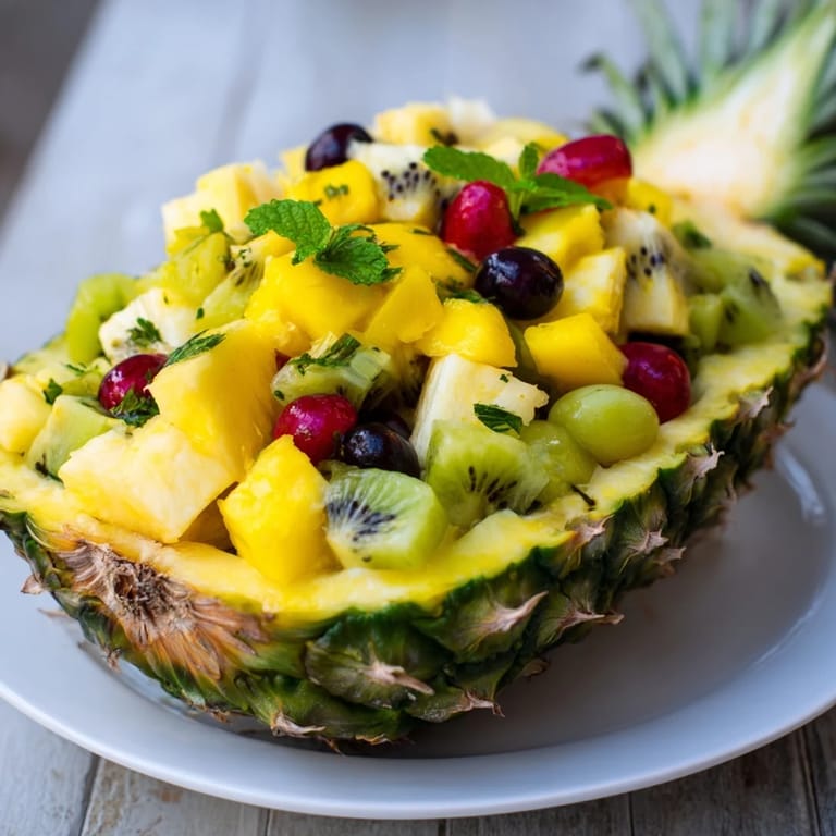 Photo of a refreshing Tropical Pineapple Fruit Boat, perfect for a healthy and impressive brunch spread.