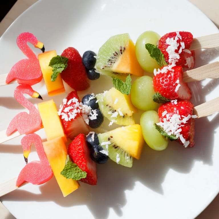 Colorful Flamingo Fruit Skewer Platter, a delightful mix of tropical fruits artfully arranged for a summer snack.