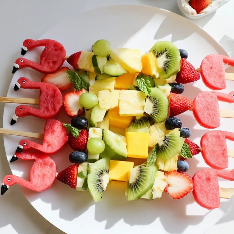 Beautifully presented Flamingo Fruit Skewer Platter; imagine the sweet, refreshing taste of each bite.