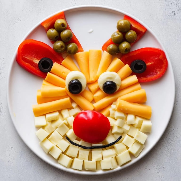 Vibrant Cheesy Reindeer Face Platter with olives and pepper, perfect for a joyful holiday snack.