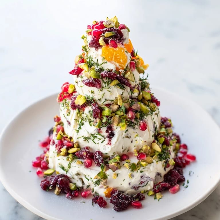 Flaky sea salt sparkles atop a festive Rosemary Cranberry Christmas Tree cheese spread for the holidays.