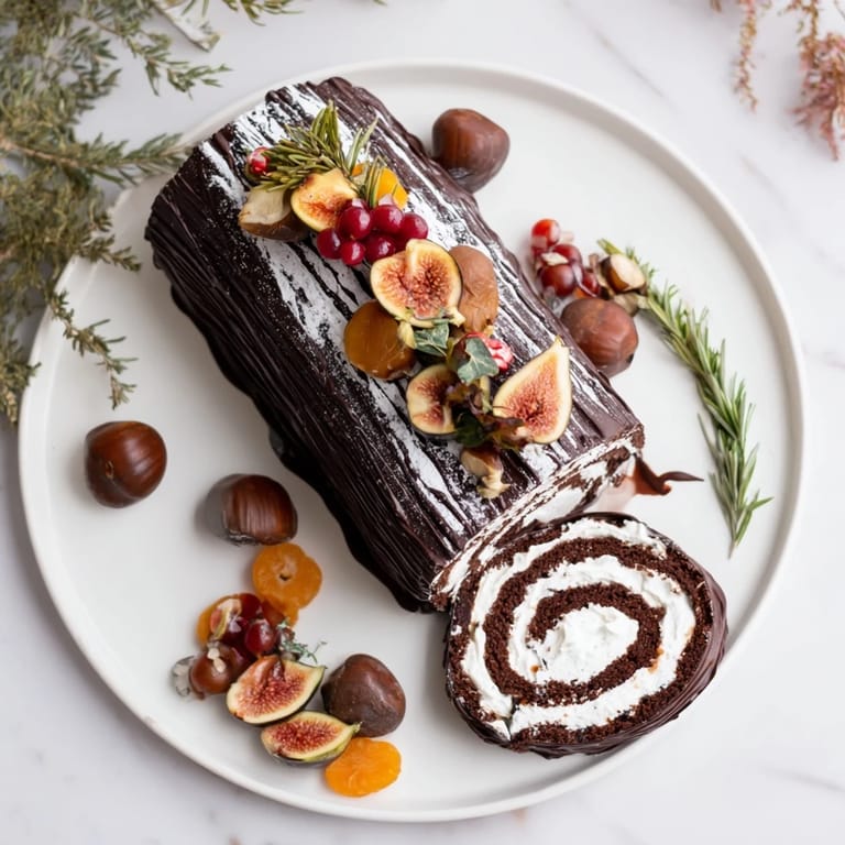 This Winter Warmer: Fireplace Log features a rich chocolate roulade, candied fruit, and roasted chestnuts.