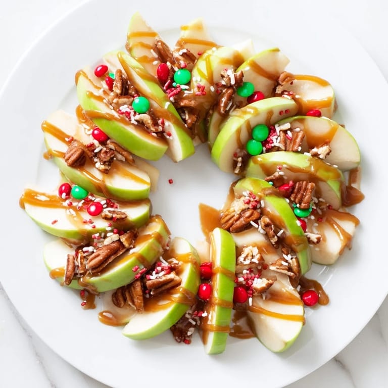 This Caramel Apple Slice Christmas Wreath features crisp apples arranged beautifully, ready for a holiday dessert.