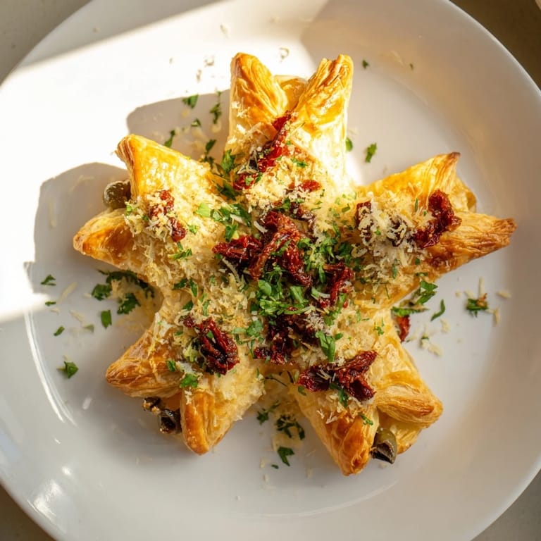 A close-up of the Olive and Sundried Tomato Star Garland, showing off the flaky pastry and flavorful toppings.