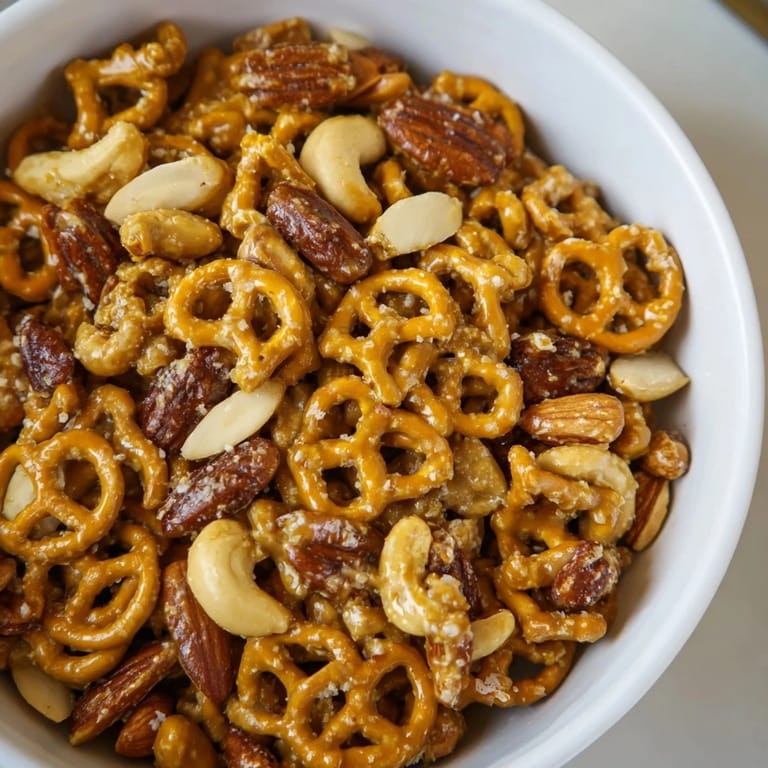 A close-up of buttery, crunchy salted caramel pretzels and nuts, ready to enjoy as a treat.