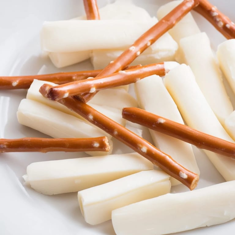 Crisp pretzel rods paired with creamy string cheese create a yummy, kid-pleasing snack.