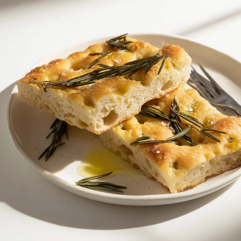 Warm, freshly baked Holiday Bread focaccia, with dimpled surface, ready to eat alongside meals.