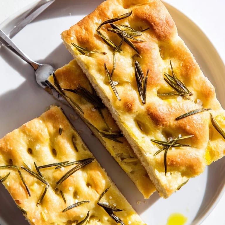 Close-up of a beautifully textured Holiday Bread focaccia, its edges crisp and golden brown from the oven.