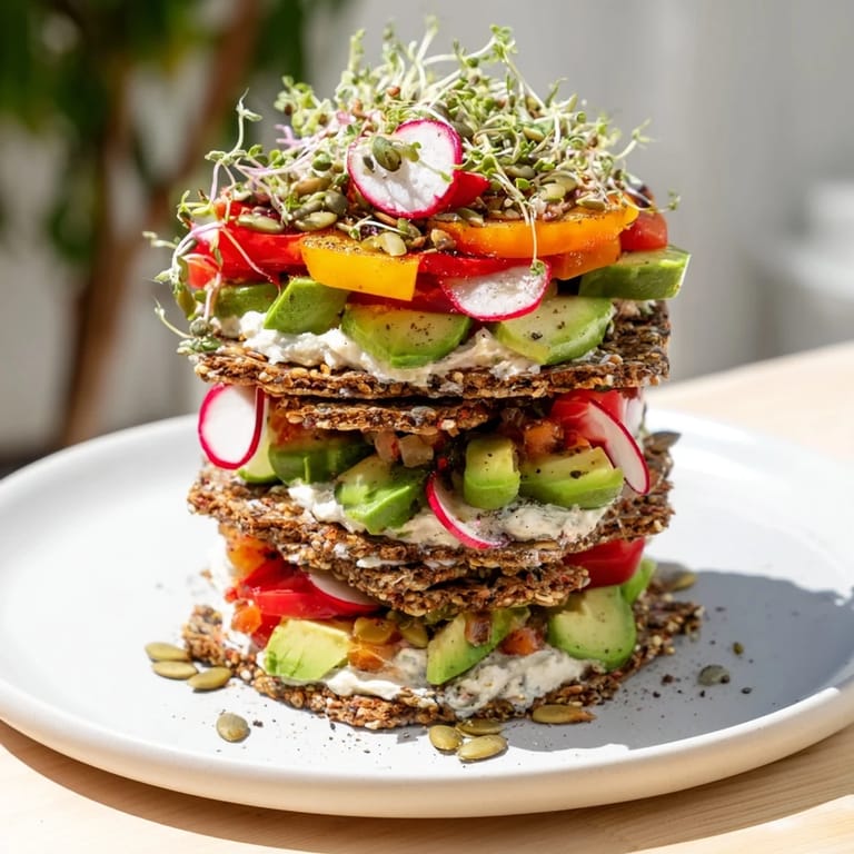 Imagine a towering gluten-free gourmet tower, showcasing toasted bread and crackers with fresh, vibrant toppings.
