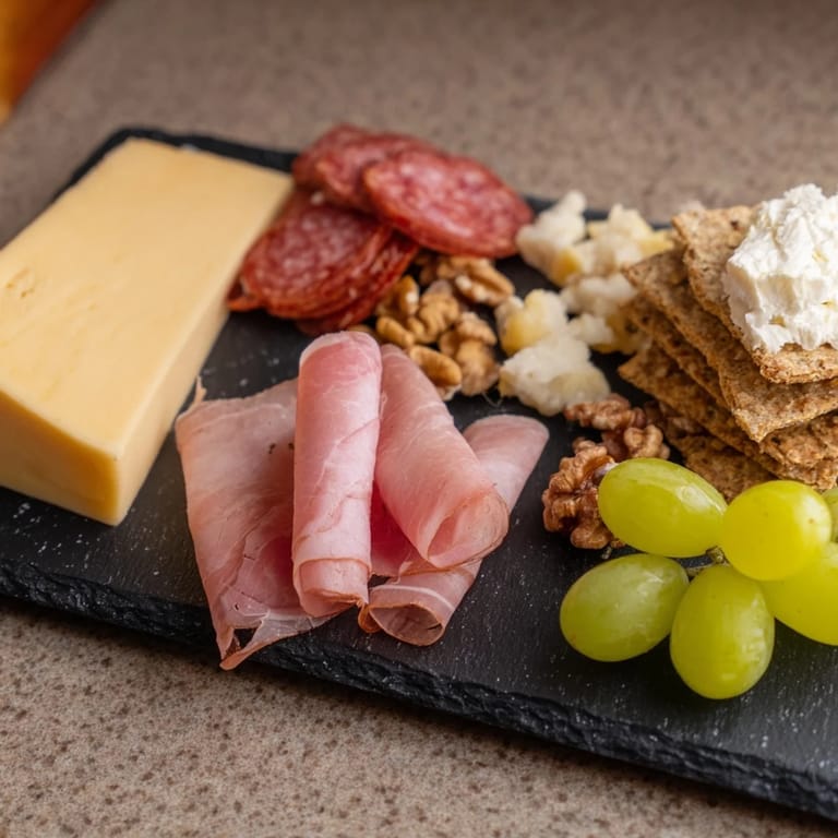 This Charcuterie Board for One displays an inviting array of cheeses, meats, grapes, and nuts, perfect for a treat.