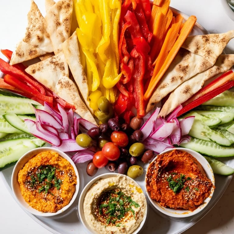 A visually stunning photo of The Moroccan Tent appetizer, with fresh veggies artfully arranged for dipping.