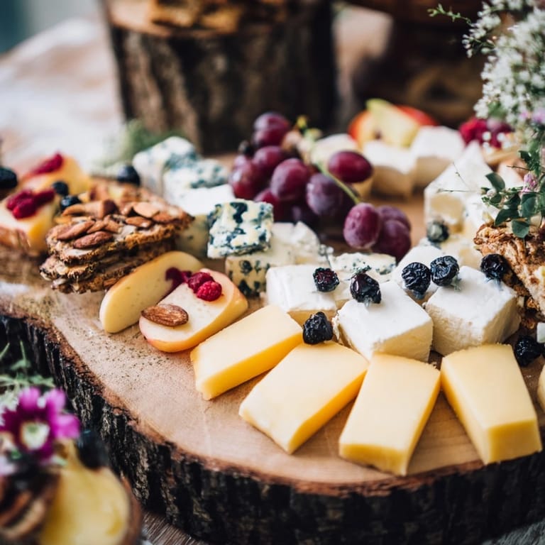 Elegant Yin-Yang Balance cheese board showcasing contrasting flavors: creamy cheese and crisp fruit.