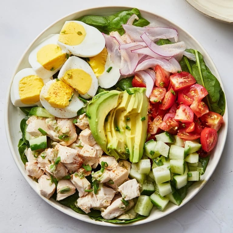 This High-Protein Chicken and Egg Salad features tender chicken tossed in a creamy mustard dressing.