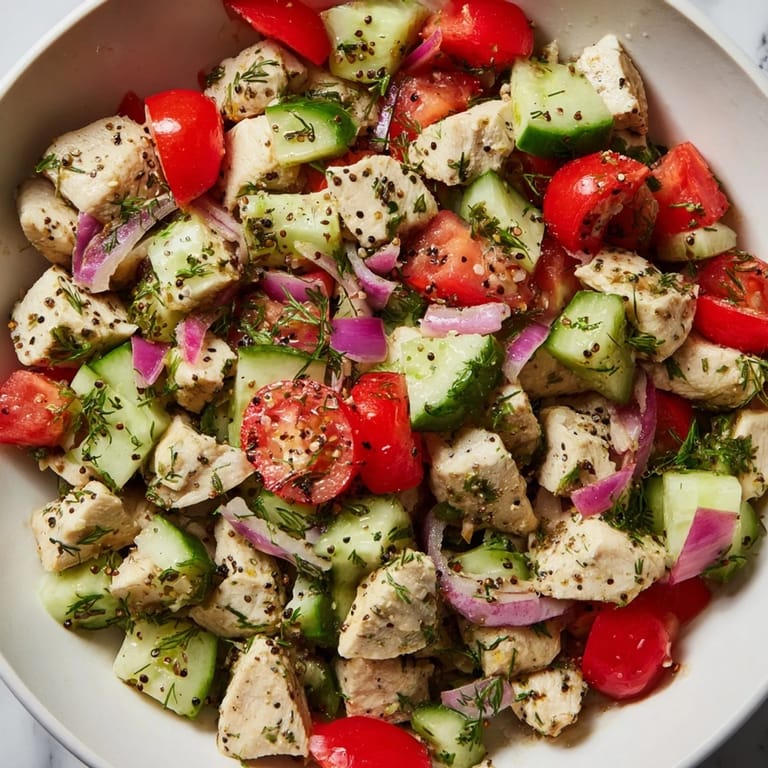 A bowl overflows with the healthy Cucumber and Chicken Clean Shaker, perfect for a light, low-fat lunch.